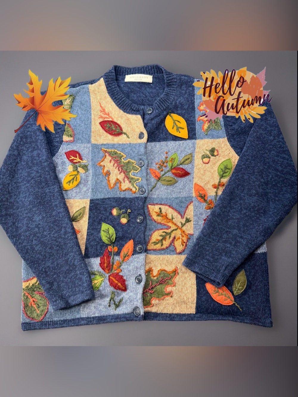 Appleseed Petites Blue Autumn Fall Embroidered Button Up Cardigan Sweater